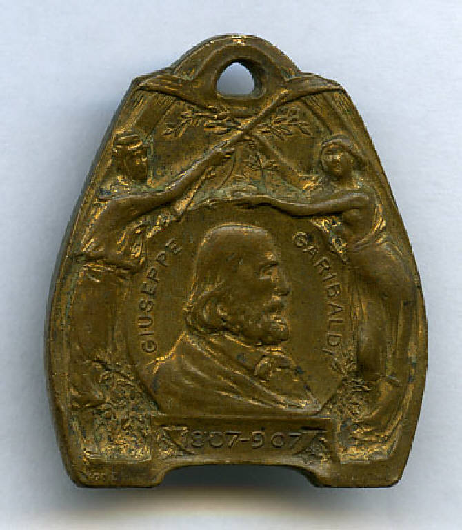 Medaglia commemorativa del Centenario della nascita di Giuseppe Garibaldi, Giuseppe Garibaldi; rami d'alloro (medaglia) di ; Donzelli, Antonio (sec. XX)