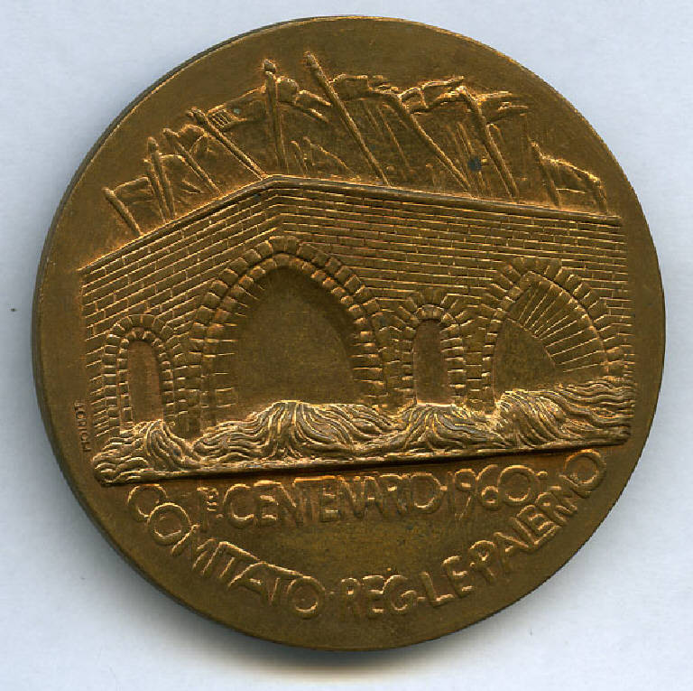 Medaglia commemorativa del Centenario della battaglia al Ponte dell'Ammiraglio (Palermo), Ponte dell'Ammiraglio; scena simbolica (medaglia) di ; Sgarlata, Filippo (sec. XX)