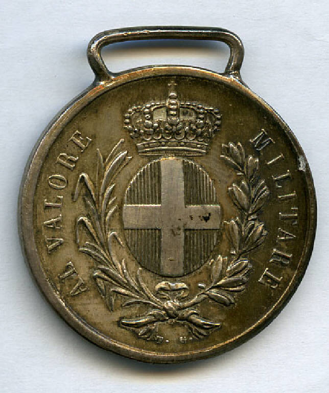 Medaglia d'argento al Valor Militare (Medagliere di Giulio Negri), stemma reale sabaudo; corona d'alloro (decorazione militare) - produzione (sec. XIX)