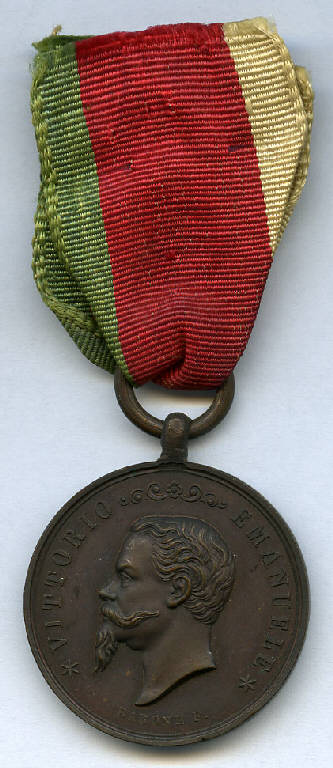 Medaglia commemorativa per la liberazione della Sicilia (Medagliere di Aristide Panseri), Vittorio Emanuele II; iscrizione (decorazione militare) di Barone, F. (sec. XIX)