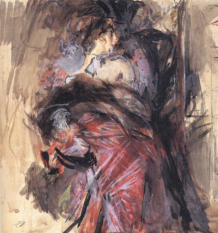 Scena galante, Donna in piedi vista di profilo (dipinto) di Boldini Giovanni (secc. XIX/ XX)