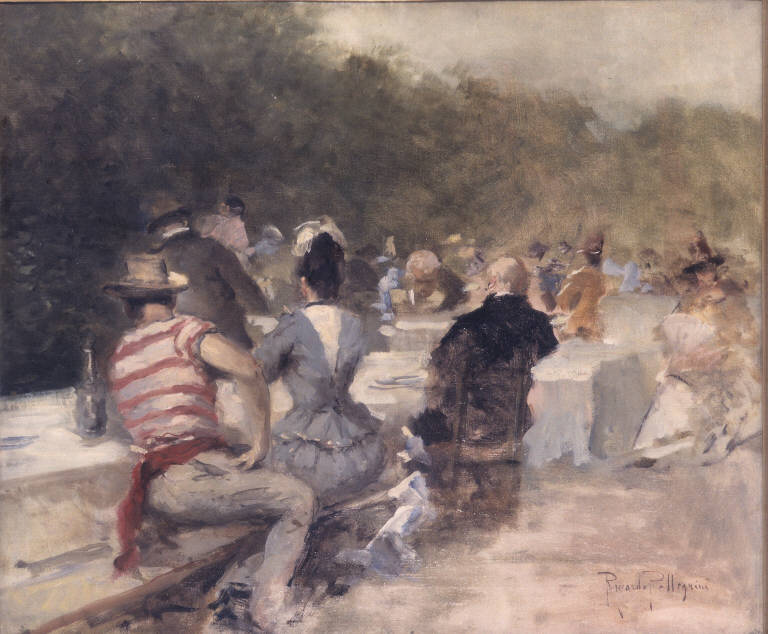 Domenica all'aperto, Banchetto all'aperto (dipinto) di Pellegrini Riccardo (secc. XIX/ XX)