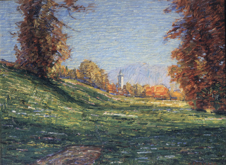 Paesaggio (Mattino d'autunno a Vocogno), Paesaggio rurale (dipinto) di Fornara Carlo (secc. XIX/ XX)