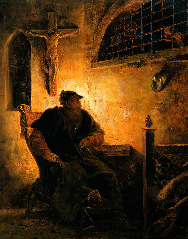 Galileo in carcere, Figura maschile seduta (dipinto) di Benevello della Chiesa Cesare (sec. XIX)