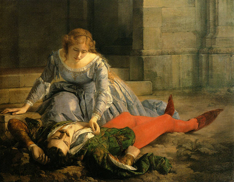 Imelda de' Lambertazzi presso il cadavere dell'amato, Imelda de' Lambertazzi presso il cadavere dell'amato (dipinto) di Buzio Pacifico (sec. XIX)