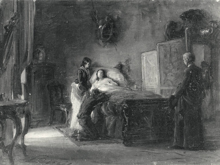 Il ritorno del volontario, Uomo ferito a letto (dipinto) di Buzio Pacifico (sec. XIX)