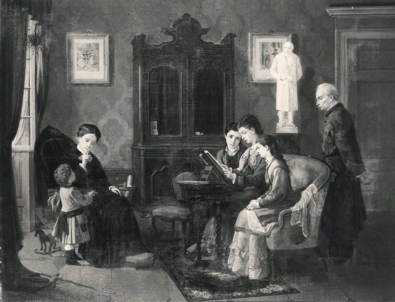 La lettura in famiglia di un brano commovente dei Promessi Sposi, Scena familiare (dipinto) di De Amenti Emilio (sec. XIX)