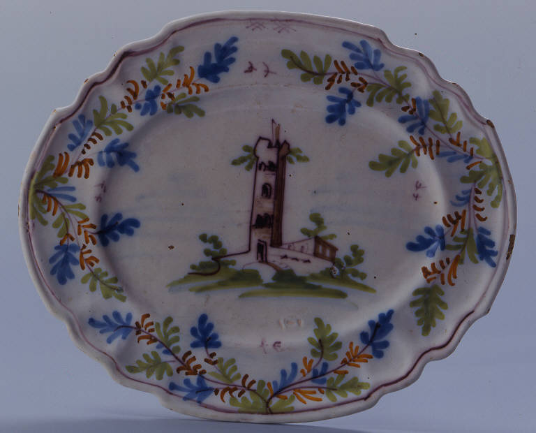 Finte architetture con paesaggio (piatto ovale) - Manifattura lombarda, Pavia o Lodi (sec. XVIII)