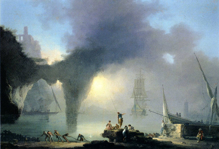 Paesaggio marino, Marina con pescatori e barche (dipinto) di Fidanza Francesco (primo quarto sec. XVIII)