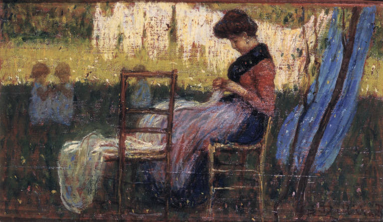 Donna che cuce, Figura femminile seduta che cuce (dipinto) di Dall'Oca Bianca Angelo (secc. XIX/ XX)