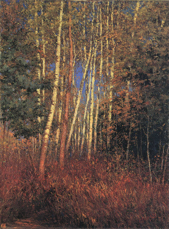 Sottobosco in autunno (Pioppi), Paesaggio autunnale (dipinto) di Rossi Erminio (sec. XX)