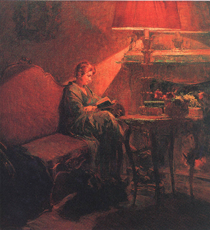Ritratto di Carla Morone in lettura, Interno con figura femminile (dipinto) di Acerbi Mario (sec. XX)