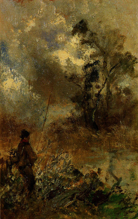 Pesca alla Zelata, Paesaggio fluviale con pescatore (dipinto) di Mariani Pompeo (sec. XIX)