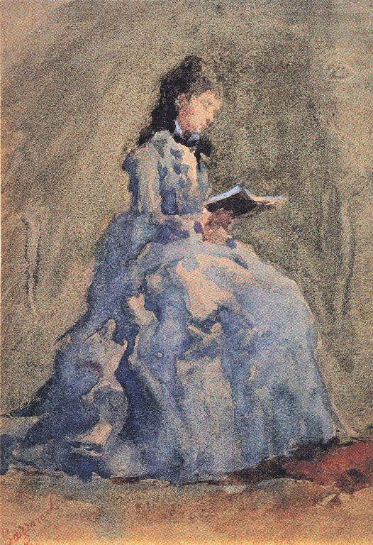 In lettura, Figura femminile seduta (dipinto) di Bazzaro Leonardo (sec. XIX)