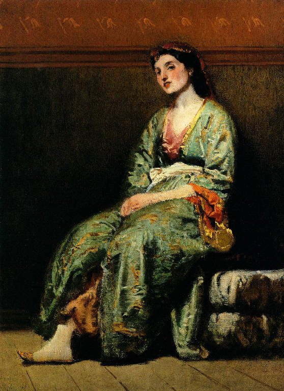 Modella in costume, Figura femminile seduta (dipinto) di Faruffini Federico (sec. XIX)