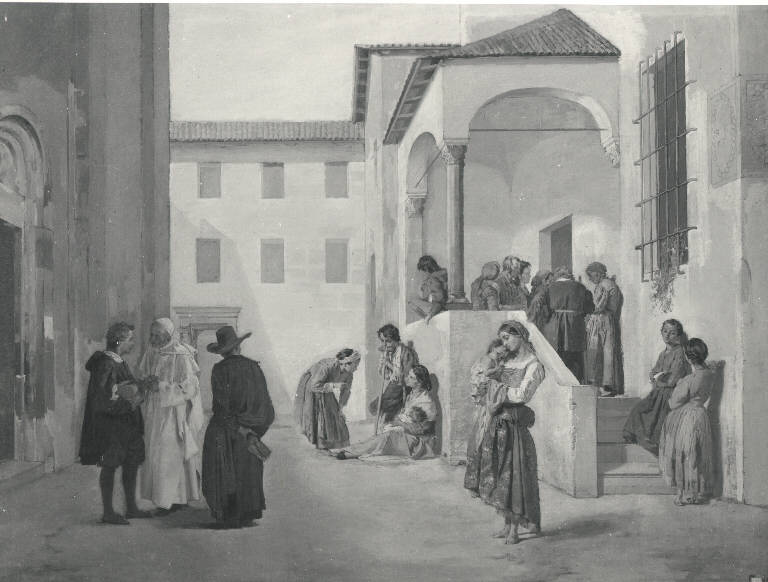 La distribuzione dei medicinali ai poveri di Santa Corona, Distribuzione dei medicinali ai poveri di Santa Corona (dipinto) di Acerbi Ezechiele (sec. XIX)