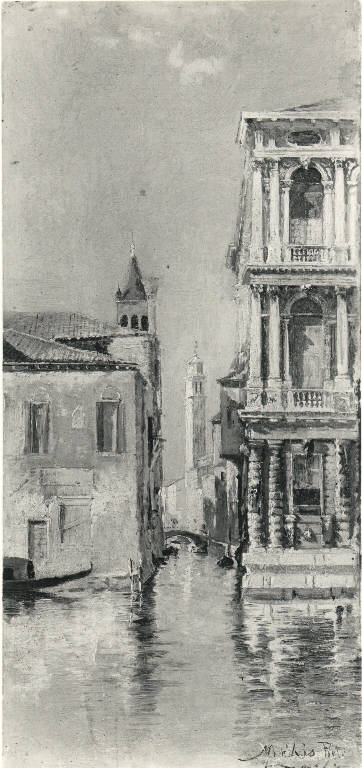 Rio S. Barnaba a Venezia angolo del Palazzo Rezzanico, Veduta del Rio S. Barnaba a Venezia (dipinto) di Michis Pietro (sec. XIX)