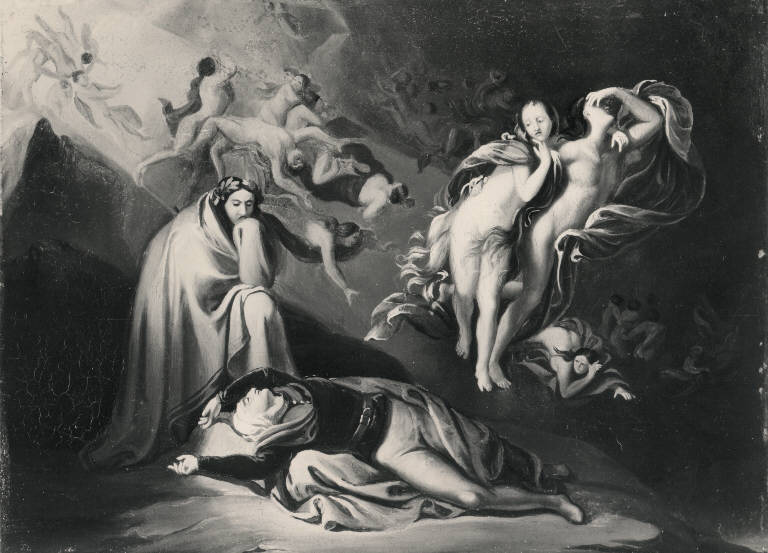 Paolo e Francesca nell'inferno dantesco, Dante e Virgilio nel girone dei lussuriosi (dipinto) di Scuri Enrico (sec. XIX)