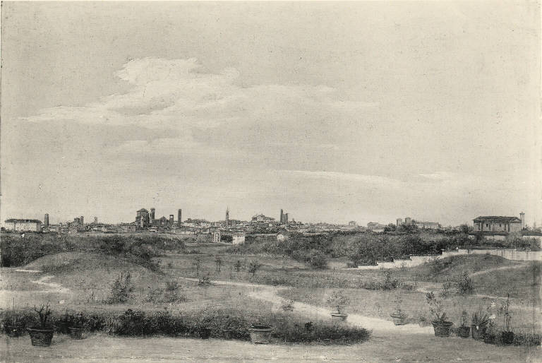 Veduta di Pavia dalla Valbona, Veduta di Pavia (dipinto) di Trecourt Francesco (sec. XIX)