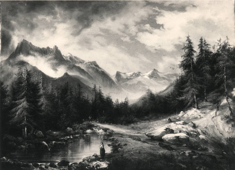 Veduta delle Alpi, Paesaggio montano (dipinto) di Rosa Costantino (sec. XIX)