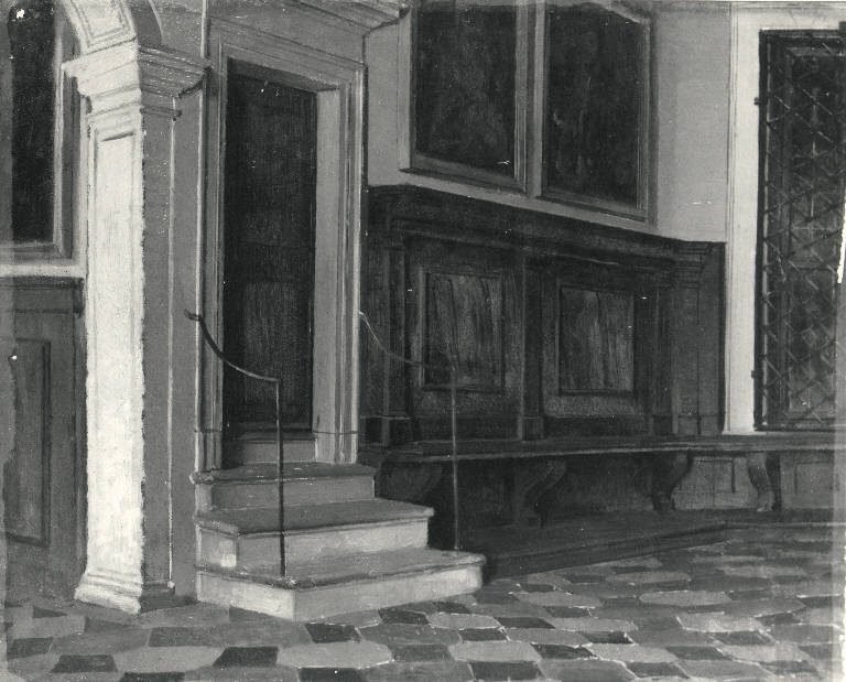 Interno di sacrestia, Interno di sacrestia (dipinto) di Michis Pietro (sec. XIX)