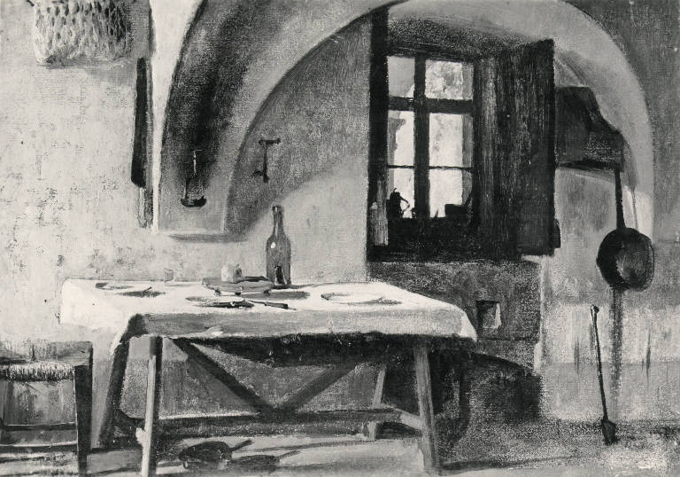 Cucina, Interno di cucina (dipinto) di Michis Pietro (sec. XIX)