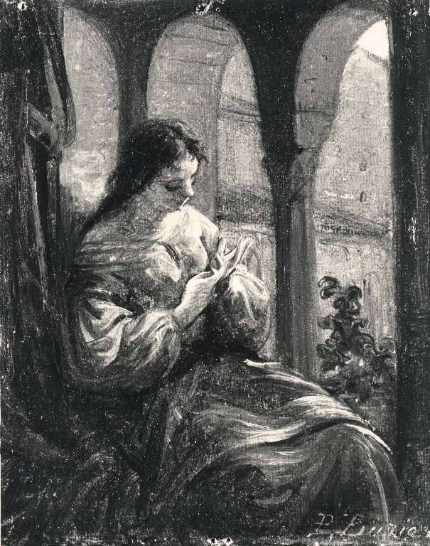 Donna che cuce, Figura femminile seduta che cuce (dipinto) di Buzio Pacifico (ultimo quarto sec. XIX)