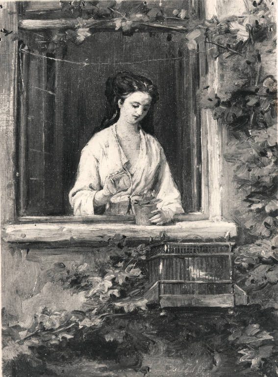 Giovanetta alla finestra, Figura femminile alla finestra (dipinto) di Buzio Pacifico (ultimo quarto sec. XIX)