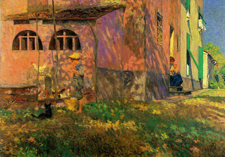 Intorno casa (Mattino d'agosto), Paesaggio rurale (dipinto) di Kienerk Giorgio (sec. XX)
