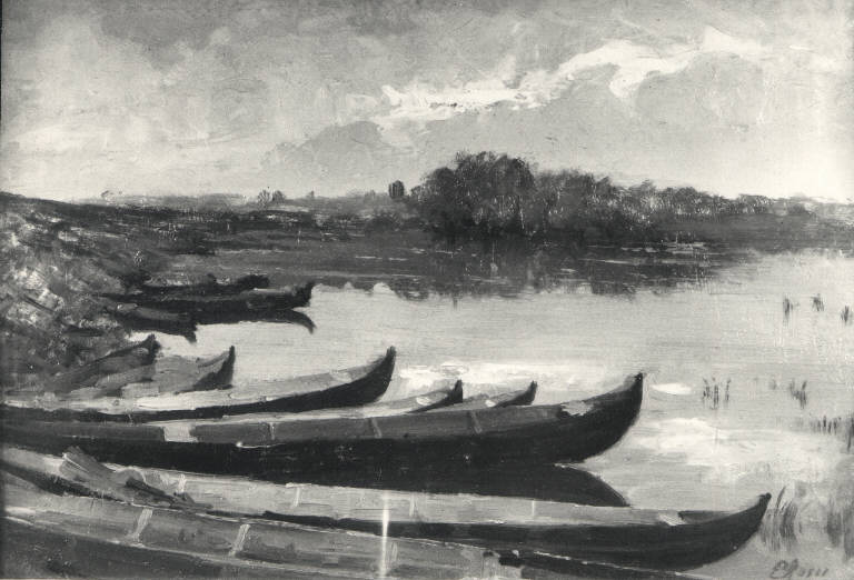Veduta del Ticino con barche, Veduta del Ticino (dipinto) di Rossi Erminio (sec. XX)