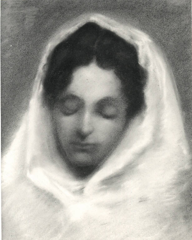 Giovane donna con velo bianco, Ritratto di donna (dipinto) di Borgognoni Romeo (primo quarto sec. XX)