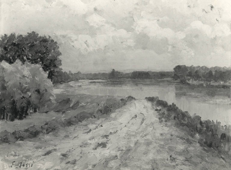 Il corso del Ticino, Veduta del Ticino (dipinto) di Rossi Erminio (secc. XIX/ XX)