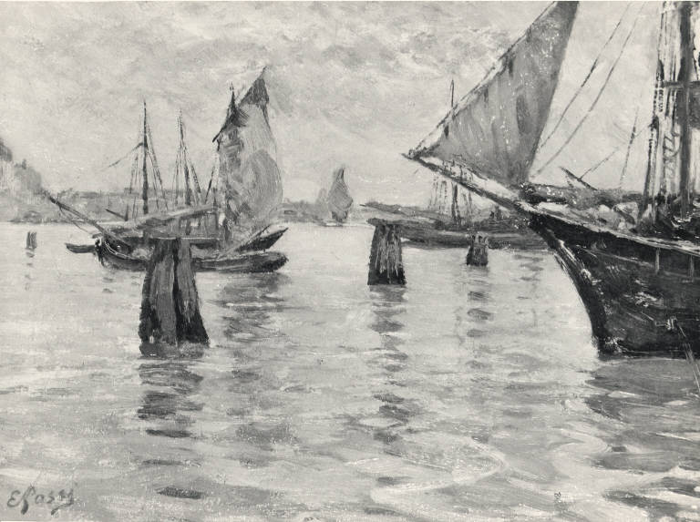 Marina con barche a vela, Paesaggio marino (dipinto) di Rossi Erminio (secc. XIX/ XX)