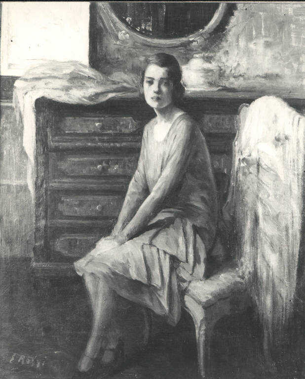 Giovinetta seduta, Figura femminile seduta (dipinto) di Rossi Erminio (sec. XX)
