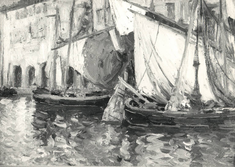 Canale con barche a vela, Veduta di un canale (dipinto) di Rossi Erminio (secc. XIX/ XX)