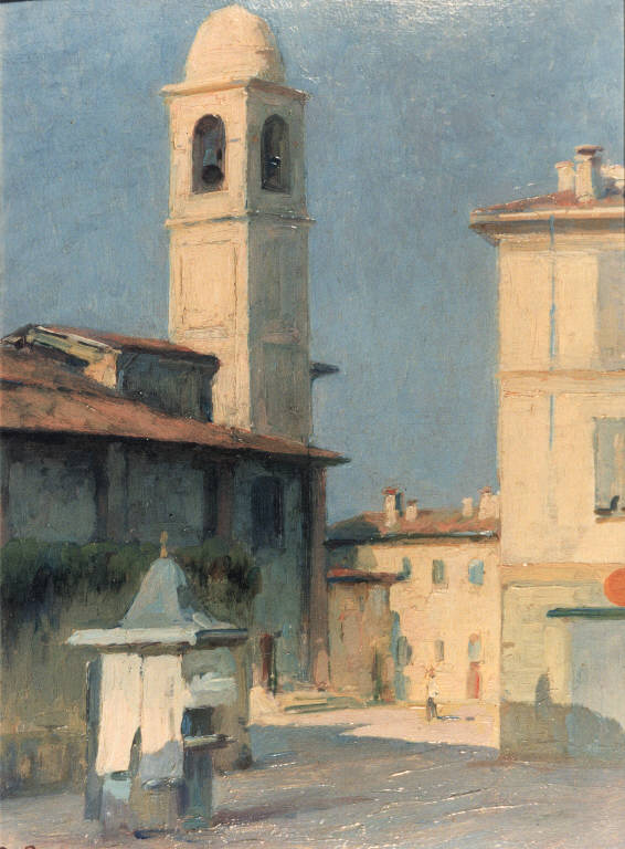 Piazzetta San Primo con edicola, Veduta della piazzetta S. Primo (dipinto) di Borgognoni Romeo (sec. XX)