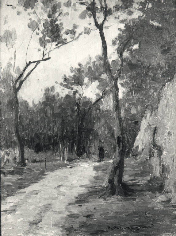 Strada di campagna, Paesaggio con alberi (dipinto) di Borgognoni Romeo (sec. XX)