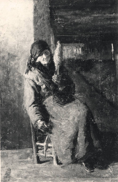 Vecchia che fila, Figura femminile seduta (dipinto) di Canevari Biagio (primo quarto sec. XX)