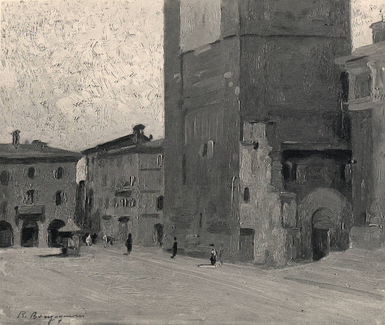 Piazza del Duomo, Veduta di piazza del Duomo di Pavia (dipinto) di Borgognoni Romeo (sec. XIX)
