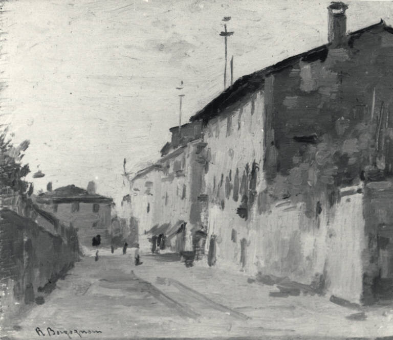 Via Santa Margherita, Veduta di via S. Margherita (dipinto) di Borgognoni Romeo (sec. XIX)