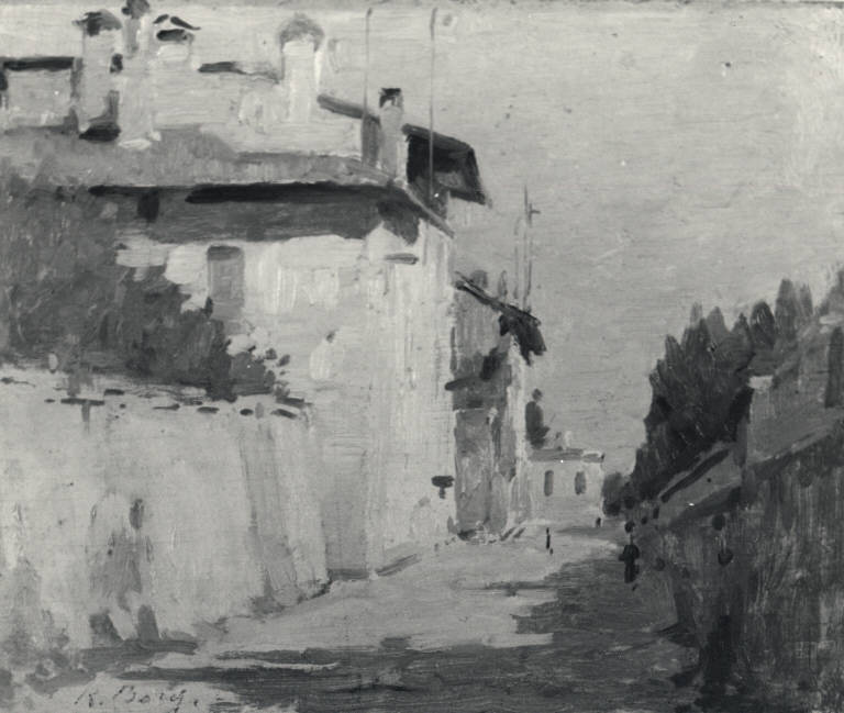 Veduta di una strada pavese (via S. Margherita), Veduta di via S. Margherita (dipinto) di Borgognoni Romeo (sec. XIX)