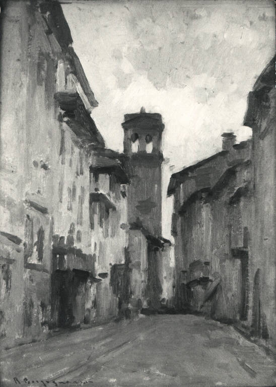 Via Omodeo con Torre del Comune, Veduta di via Omodeo (dipinto) di Borgognoni Romeo (sec. XIX)