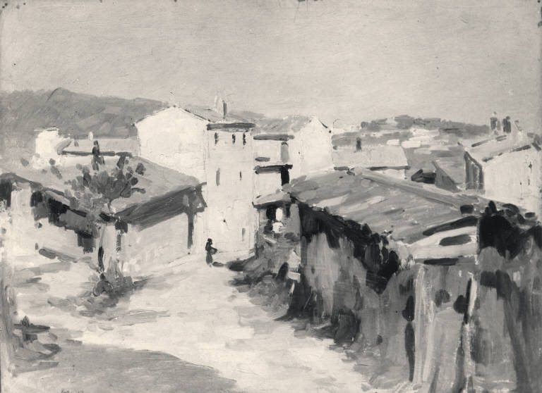 Via con case, Veduta di una strada (dipinto) di Borgognoni Romeo (sec. XIX)