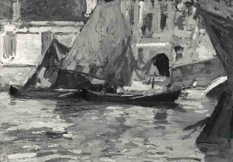 Barche a vela, Paesaggio fluviale con barche (dipinto) di Borgognoni Romeo (sec. XIX)