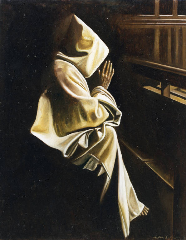 Comunicazione segreta, Monaco in preghiera di profilo (dipinto) di Sciacca, Antonio (seconda metà sec. XX)