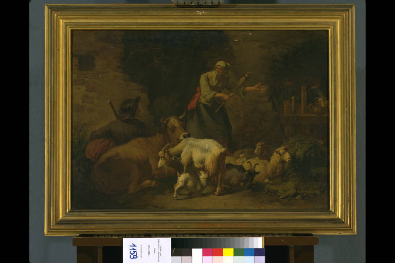 FILATRICE E PASTORE CON ANIMALI (dipinto) di Londonio Francesco (terzo quarto sec. XVIII)