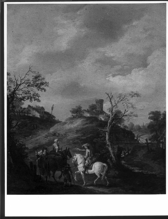 STRADA DI CAMPAGNA CON CAVALIERE E UNA FAMIGLIA IN VIAGGIO (dipinto) di Crepin Louis Philippe (inizio sec. XIX)