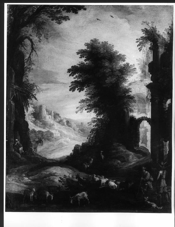 PAESAGGIO CON ROVINE E PASTORI (dipinto) di Bril Paul (fine/inizio secc. XVI/ XVII)