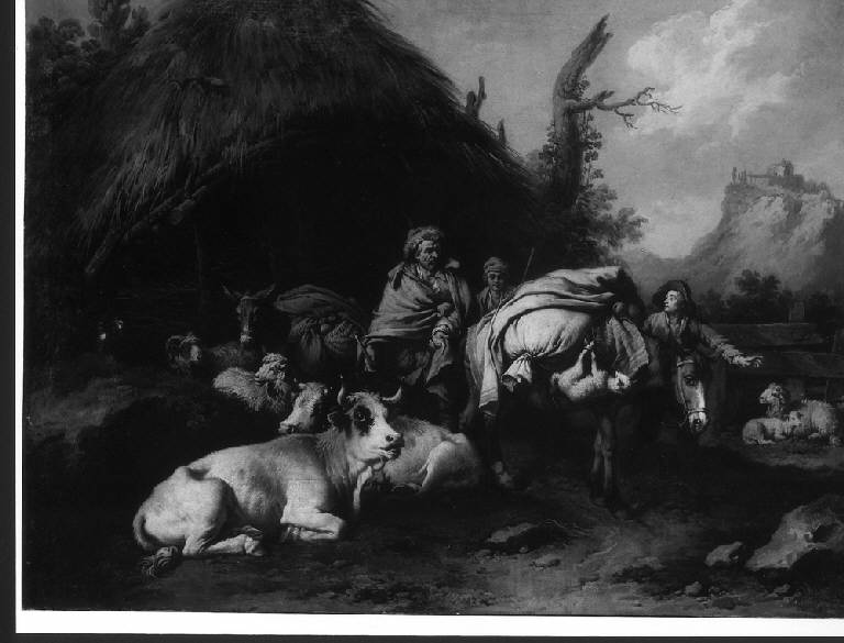 SCENA PASTORALE CON PASTORI E ANIMALI DOMESTICI DAVANTI AD UNA CAPANNA (dipinto) di Londonio Francesco (terzo quarto sec. XVIII)