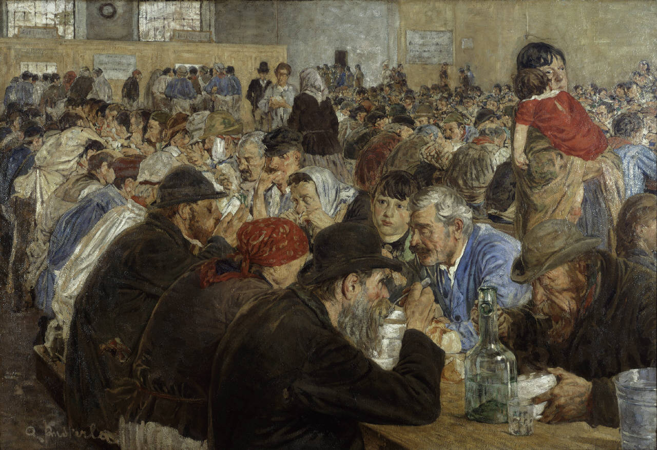 Alle cucine economiche di Porta Nuova, mensa dei poveri (dipinto) di Pusterla Attilio (fine sec. XIX)
